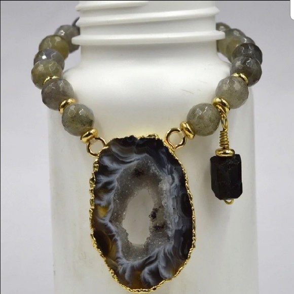 Labradorite bead bracelet/ gold plated agate slice - Picture 2 of 2